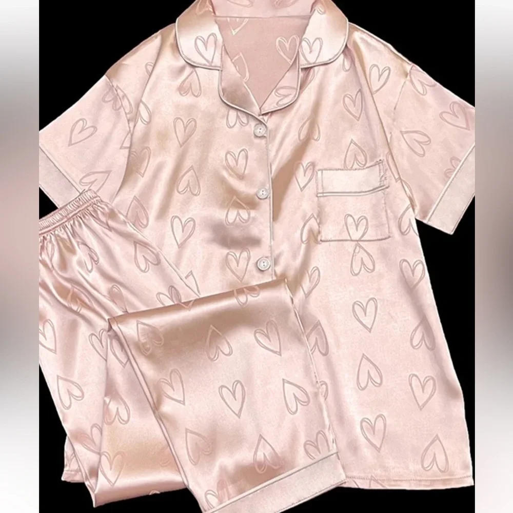 New Pink Heart satin PJ set XL - Picture 1 of 5